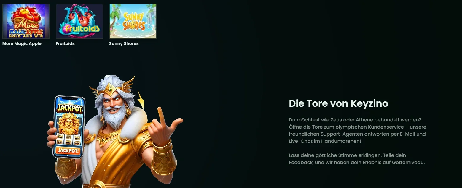Keyzino Casino Startseite mit Spielen und Kundenservice